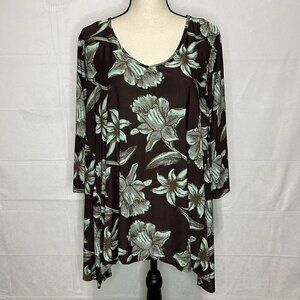 NEW Ella Samani Women's Plus Size 2X Brown Teal Floral Handkerchief Tunic NWT